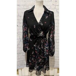 DKNY Women's Black Long Sleeve Floral-Print Faux-Wrap Dress Size 4